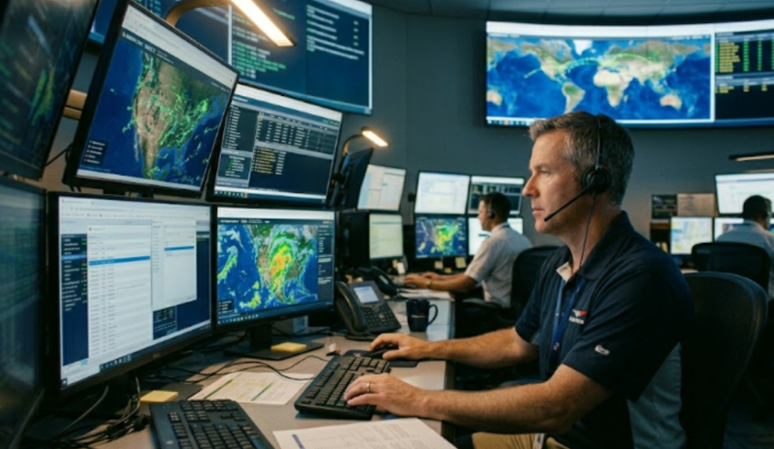 An airline flight dispatcher managing weather screens