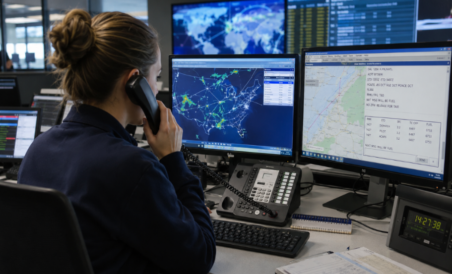 Flight dispatcher monitoring airline operations