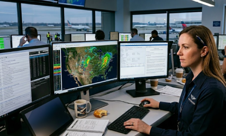 Female dispatcher monitors screens at an operations center.