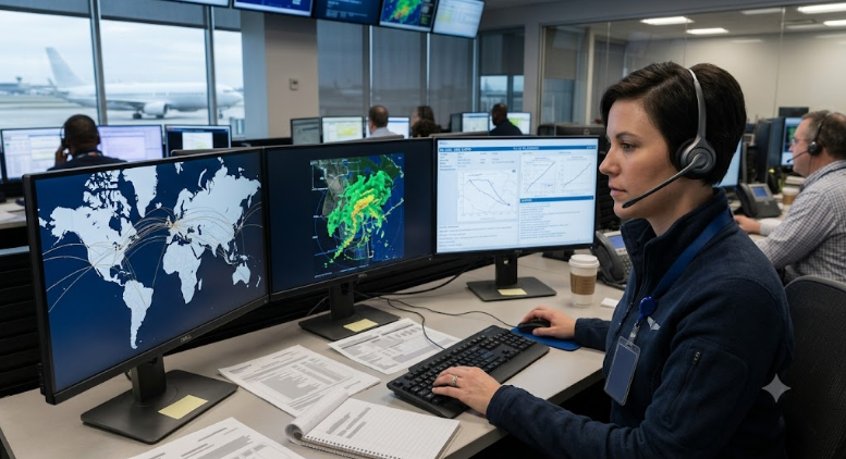 A flight dispatcher working on the desktop.