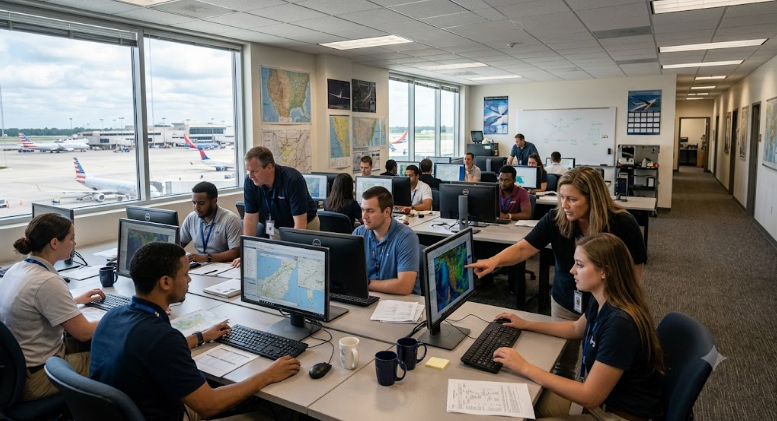 An inside view of a flight dispatcher training school.