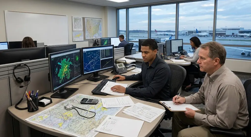 A candidate giving a flight dispatcher practical exam.
