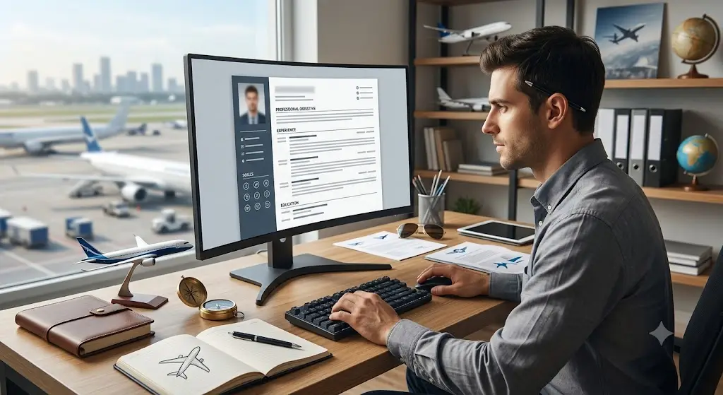A person creating an aviation resume online on desktop.