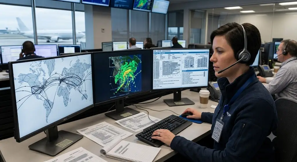 A group of people working at desks in an air traffic control room, overlooking an airport runway