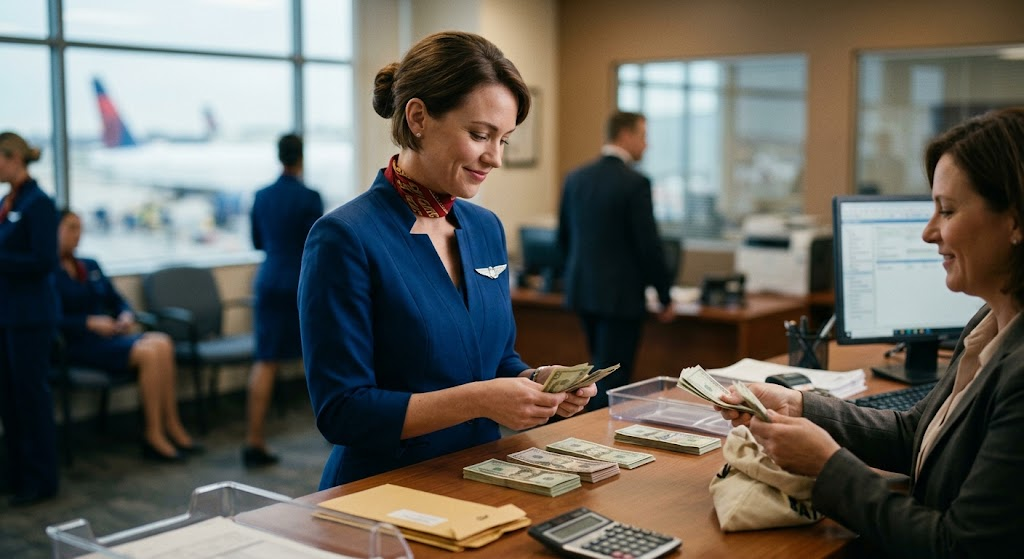 A smiling flight attendant in a blue uniform stands at a counter counting stacks of dollar bills, with an airport terminal and airplane visible in the background.