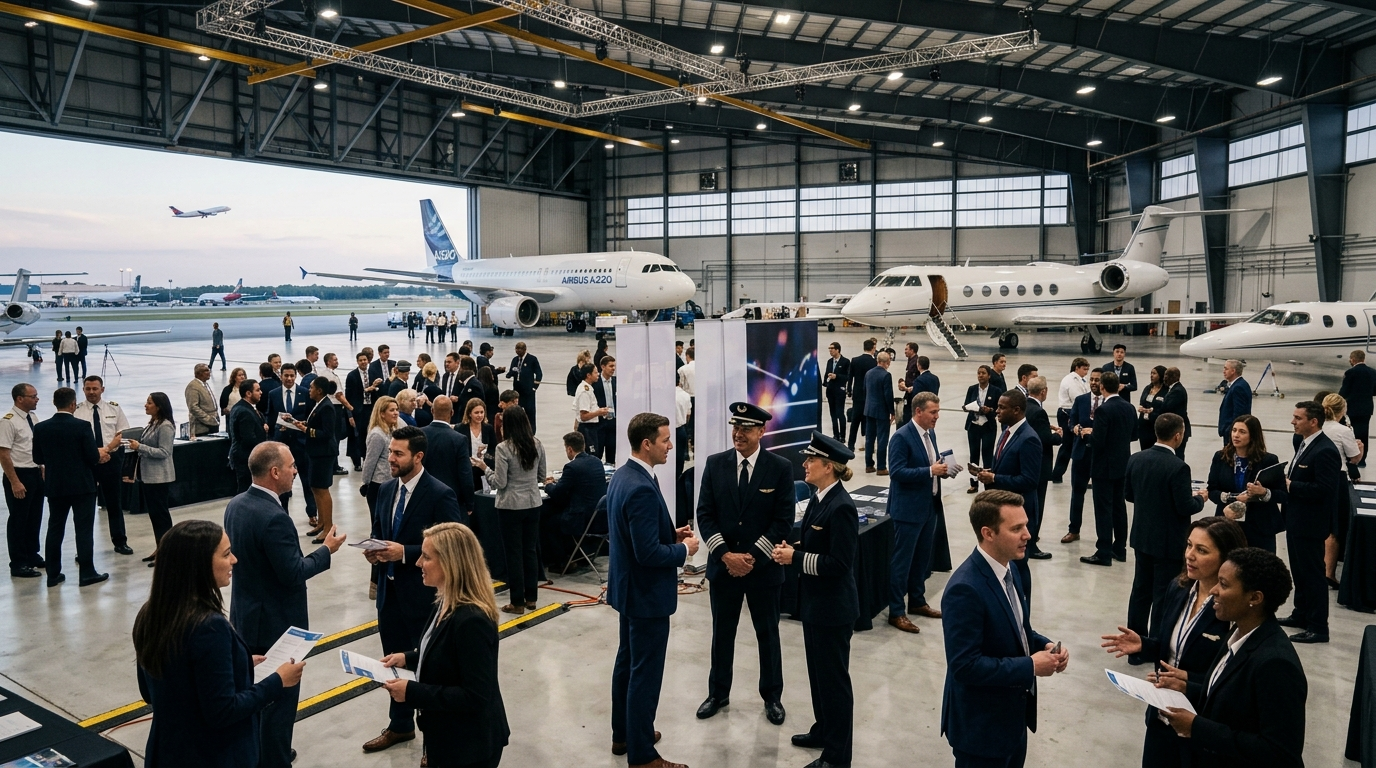 People networking at an aviation career fair inside a large aircraft hangar.