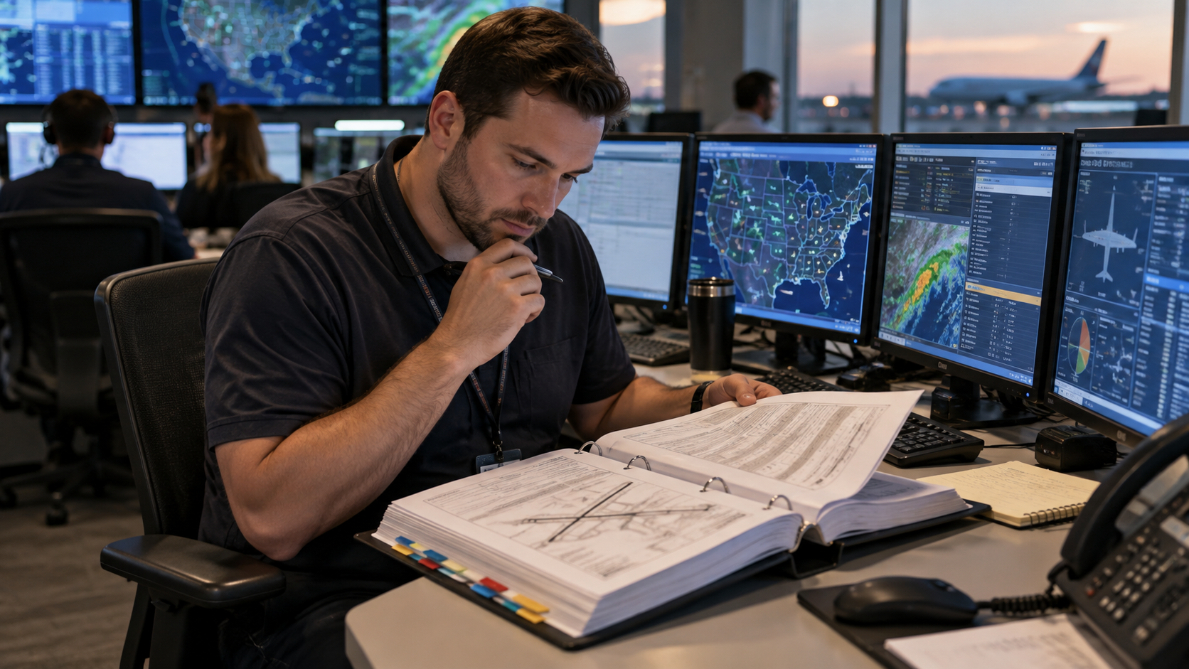 A flight dispatcher reviewing an operations manual of flight.