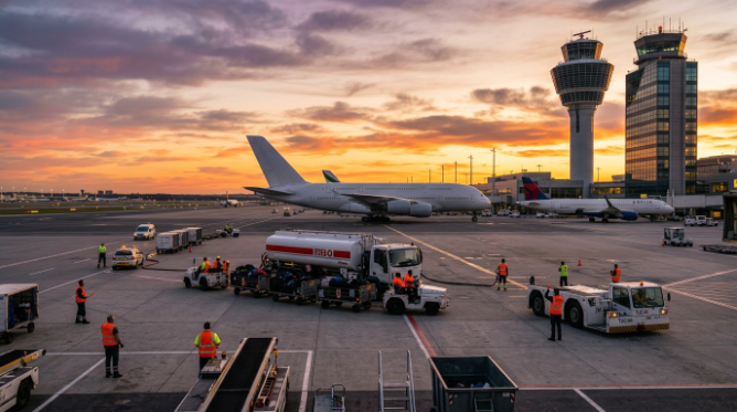 An aerial view of an airport tarmac at sunset.