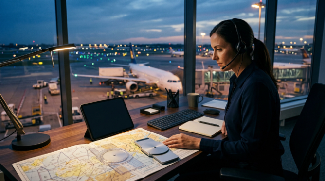 Female flight dispatcher with a headset studying a flight map at a desk overlooking an airport tarmac at night.
