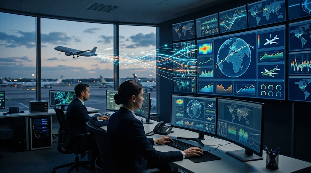 An aviation command center with analysts working before a massive wall of glowing screens displaying real-time global flight maps and data.